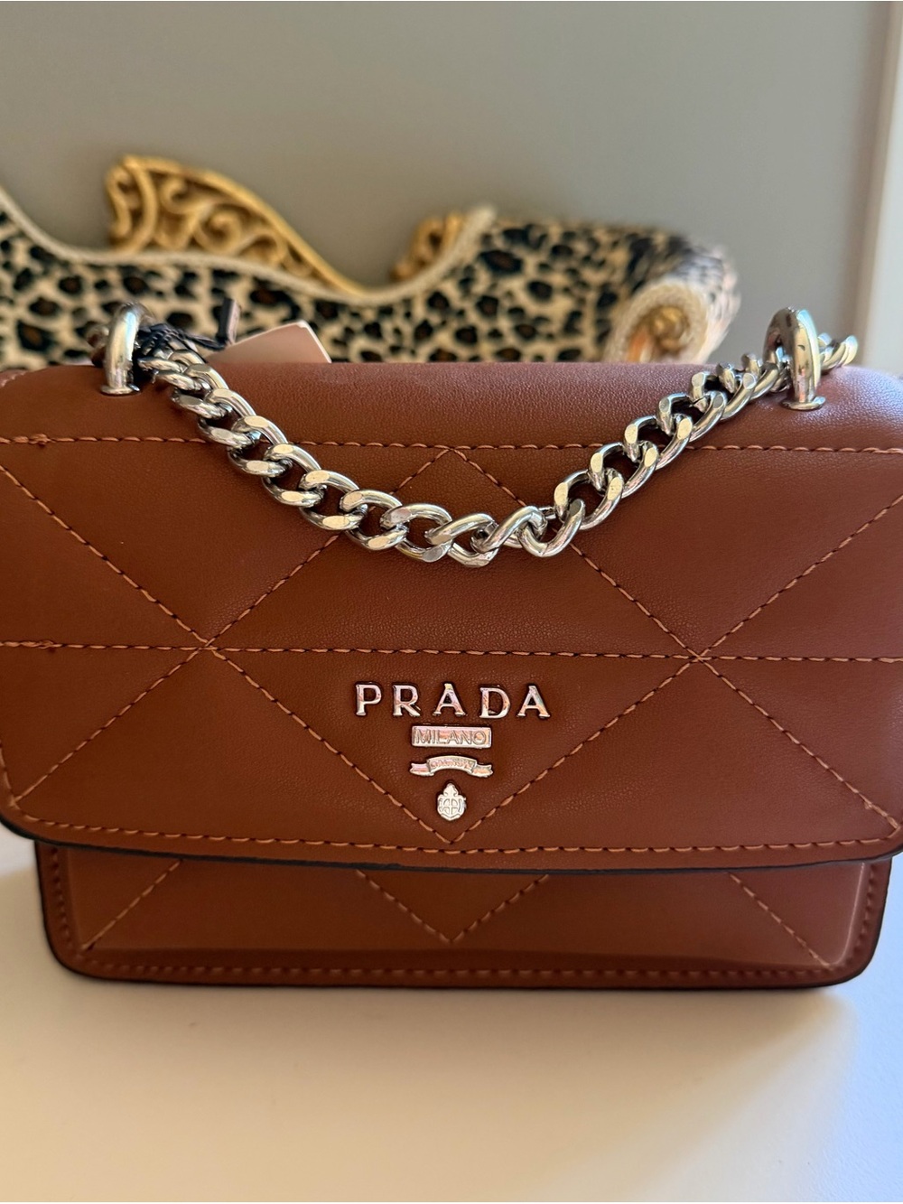 Quilted Leather Shoulder Bag in Brown with Silver Chain